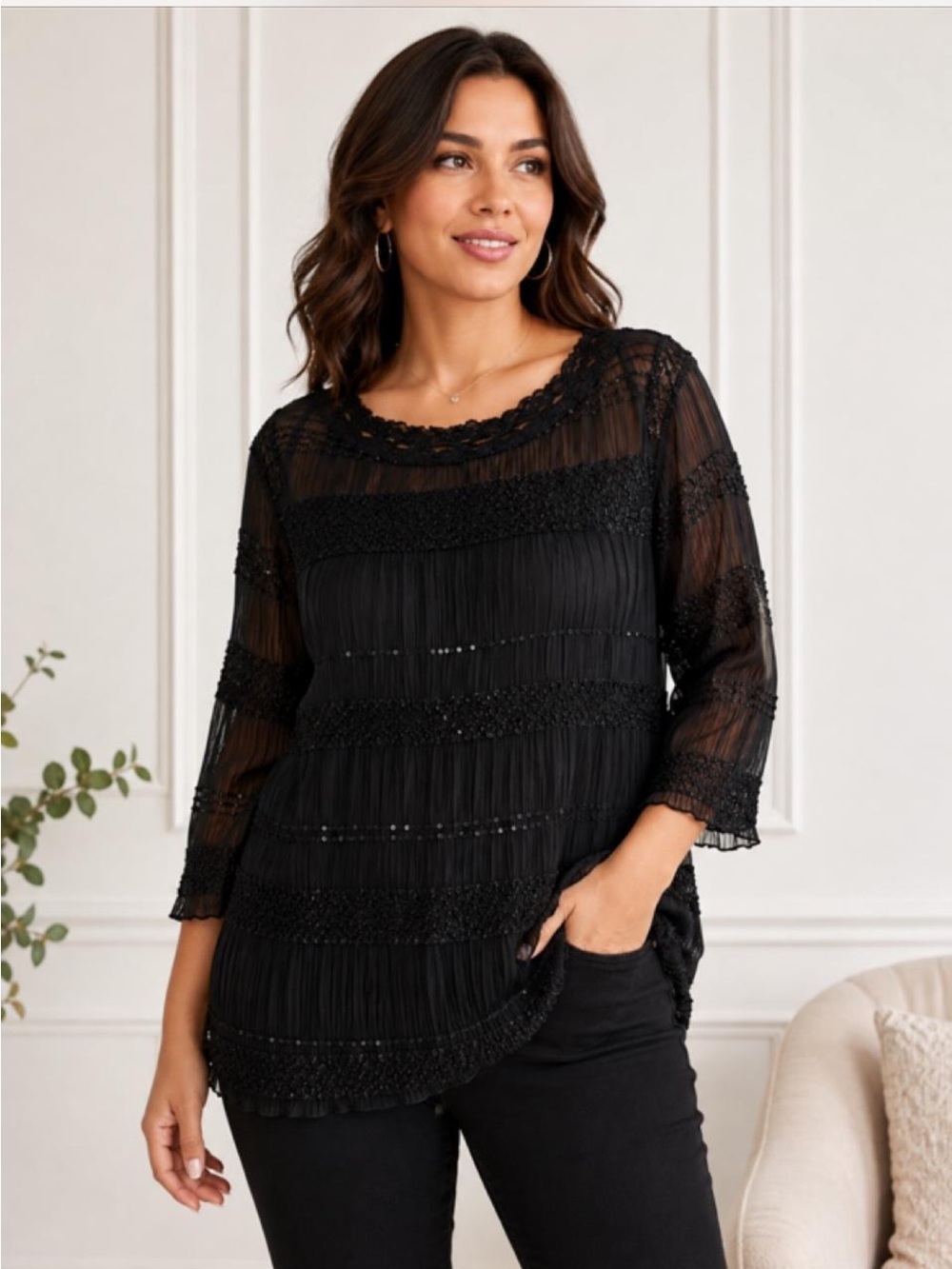 Ashley Stewart Black Sheer Lace & Sparkle Blouse Women’s Size 18